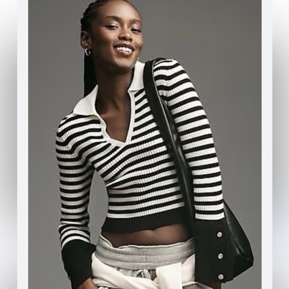 Anthropologie Black and White Striped Ribbed Polo Sweater